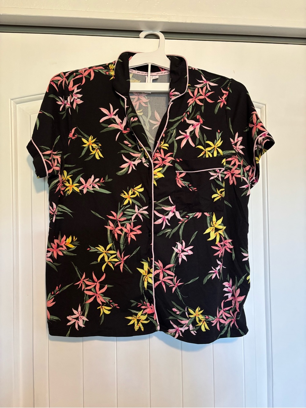 Floral-Print Black Short-Sleeve Pajama Top with Pink & Yellow Blooms